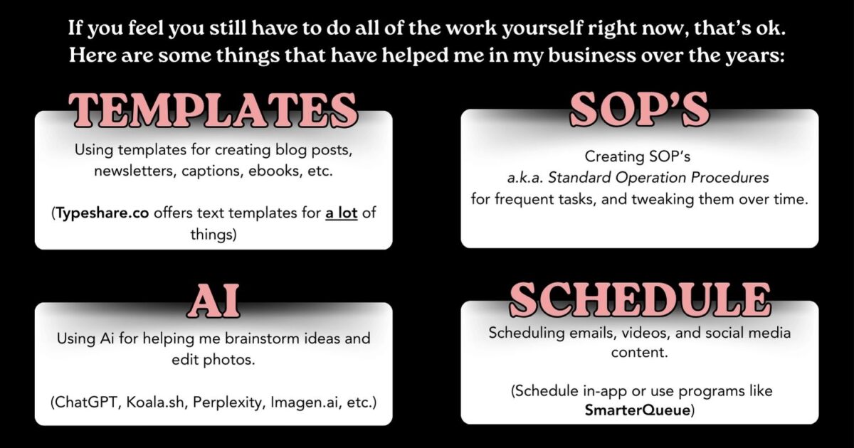 Stop Diy-Ing Your Business And Start Delegating A Graphic With Four Sections Labeled Templates, Sops, Ai, And Scheduling, Detailing Tools For Creating Content, Procedures, Brainstorming, And Managing Schedules.