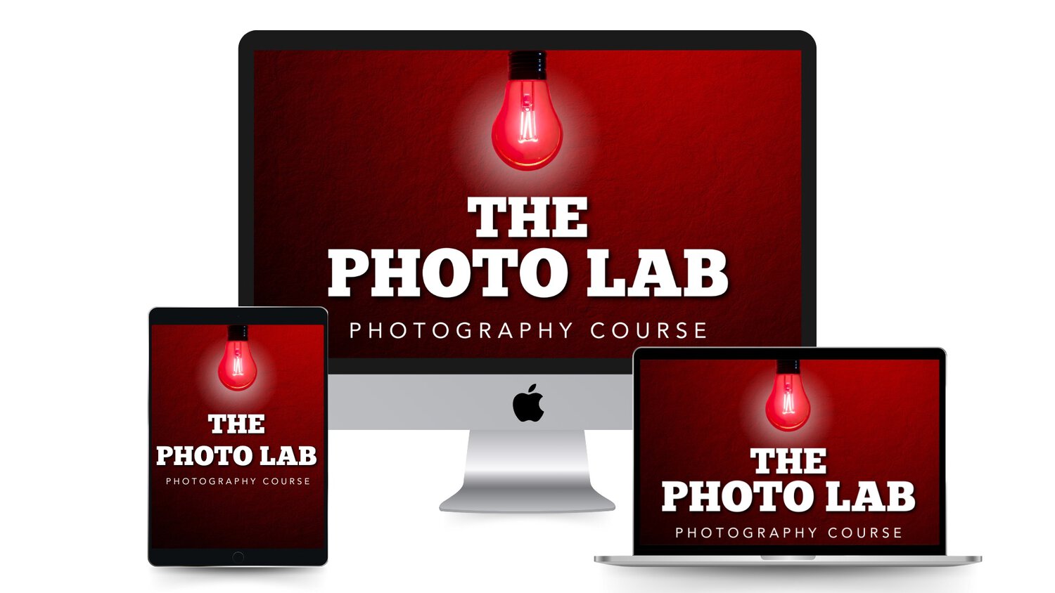 Books And Courses Illustration Of &Quot;The Photo Lab Photography Course&Quot; Displayed On An Imac, Ipad, And Laptop Screen With A Red Light Bulb Graphic On A Vibrant Red Background.