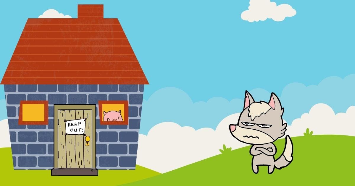 Cg #008: The 3 Little Pigs A Cartoon Dog Standing In Front Of A House.