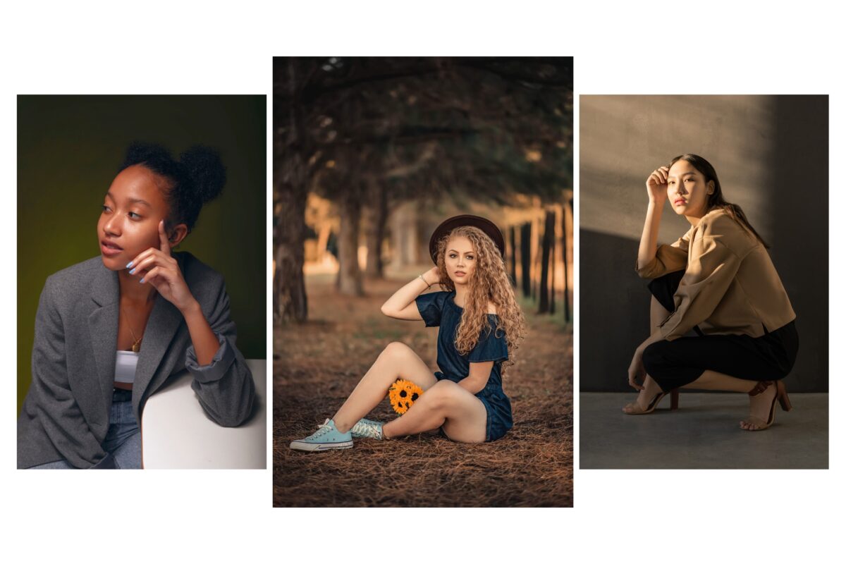 What To Say To Clients During A Photo Session: With Prompts A Series Of Photos Capturing A Woman Posing Gracefully In Front Of A Tree Using Posing Prompts.