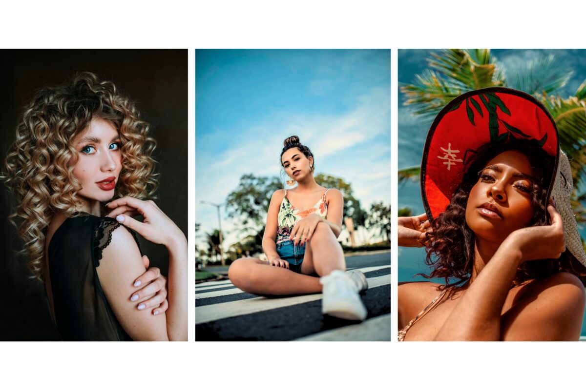 What To Say To Clients During A Photo Session: With Prompts Four Pictures Of A Woman With Curly Hair And A Hat, Taken During A Photo Session.