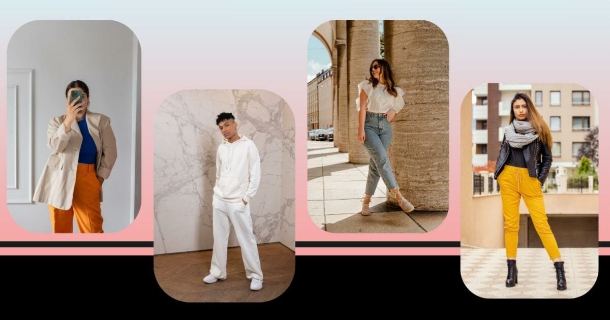 What To Wear To A Photoshoot (The Ultimate Guide) Four Pictures Showcasing Different Colored Pants For A Photoshoot.
