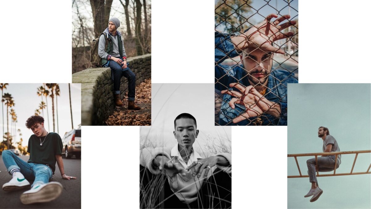 25 Best Poses For Men A Collage Of Photos Of A Male Model Sitting On A Fence, Striking Different Poses.