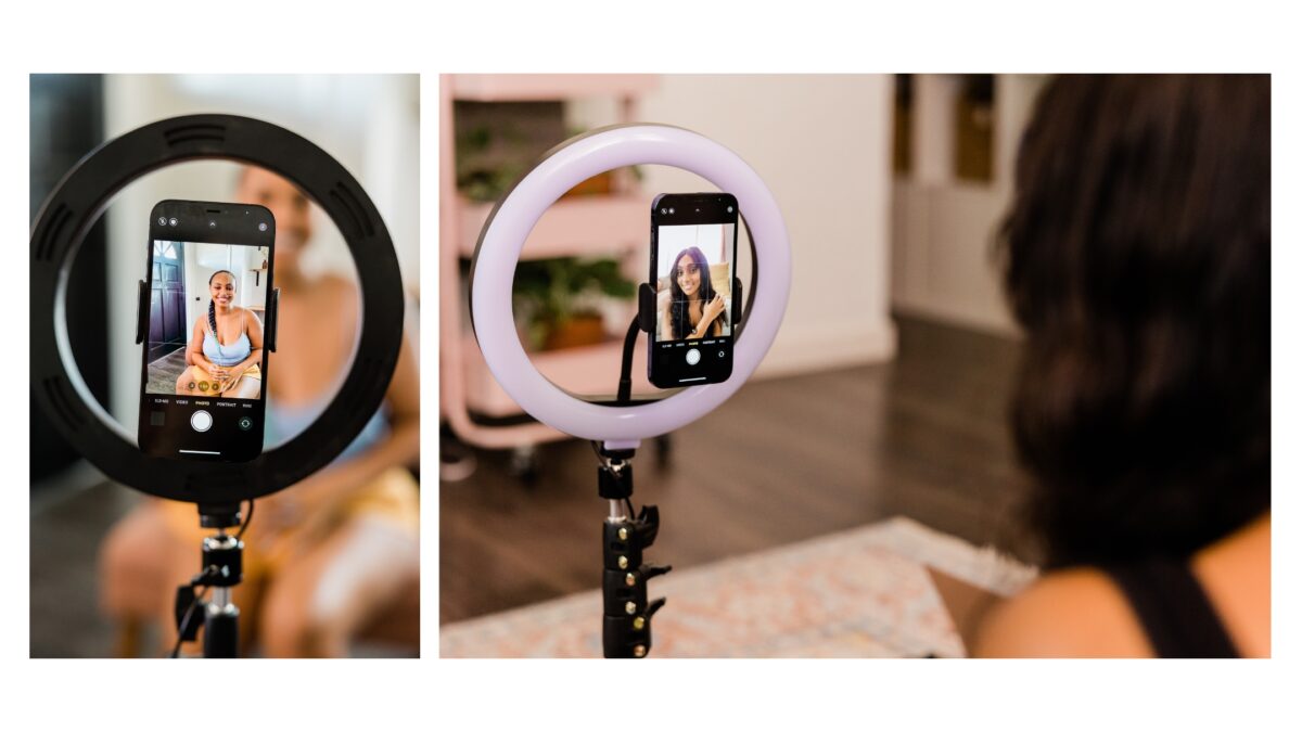 Photography Ring Light: 3 Best Choices For Content Creators Two Pictures Of A Woman Holding A Phone While Using A Ring Light For Photography.