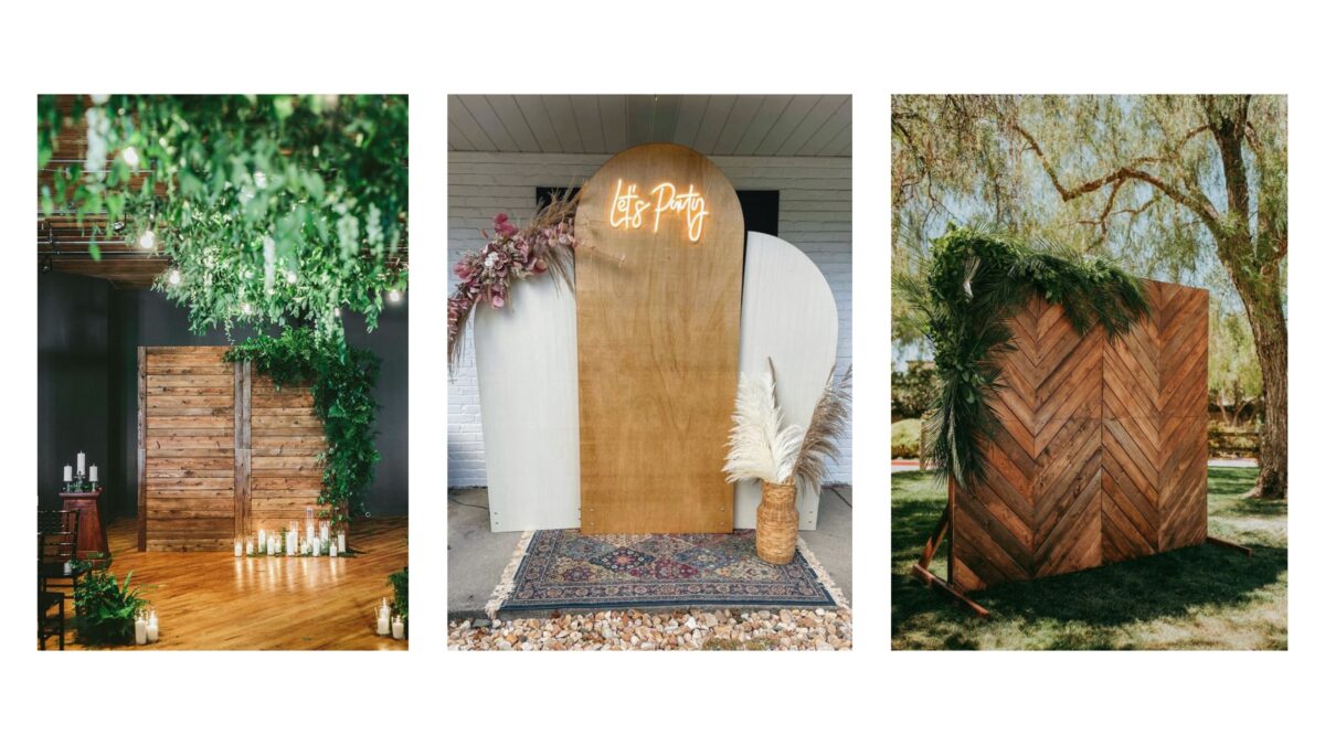 20 Cool Diy Backdrop Ideas For Your Next Photoshoot Four Different Photos Of A Wedding With A Wooden Backdrop And Plants, Showcasing Creative Backdrop Ideas.