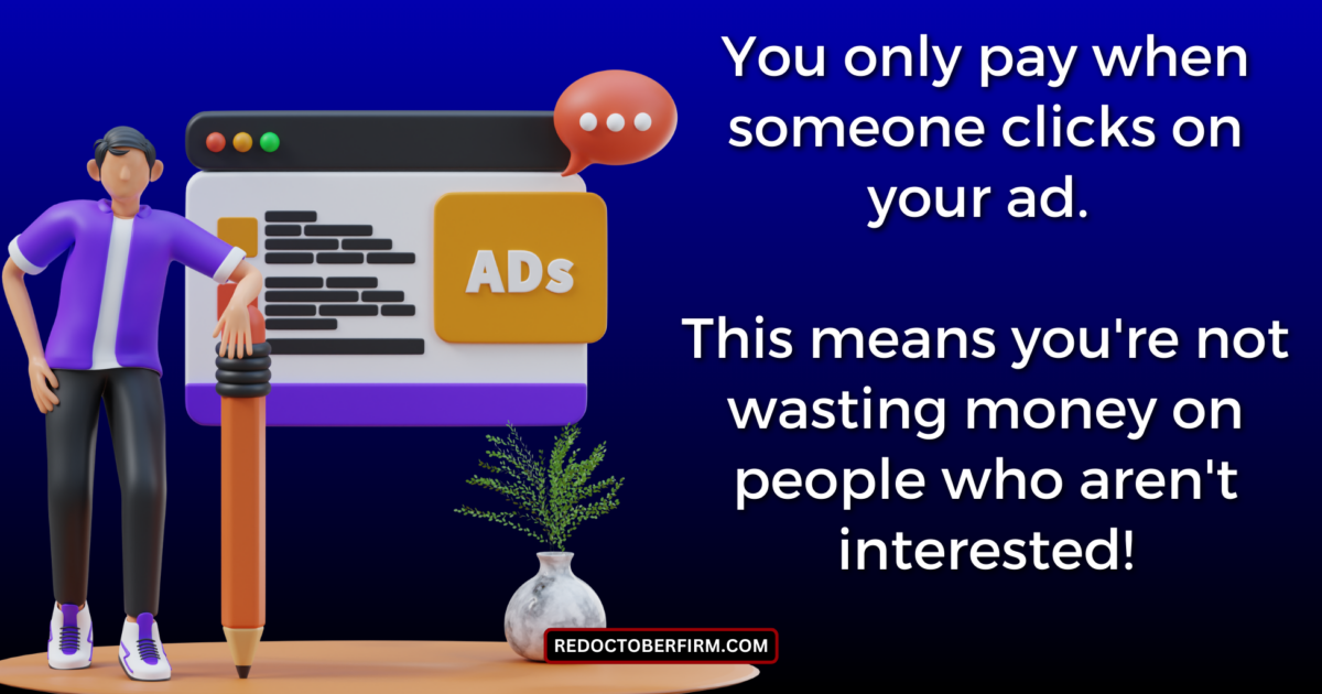 22 Ways To Market Your Photography Business For More Clients A 3D Character Stands Next To An Online Ad Display With Text Explaining Pay-Per-Click Advertising, Emphasizing Not Wasting Money On Uninterested Viewers. The Url &Quot;Redoctoberfirm.com&Quot; Is At The Bottom.