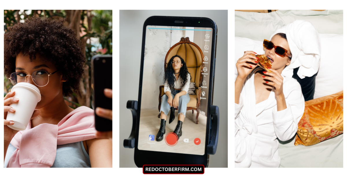 22 Ways To Market Your Photography Business For More Clients Three Images: A Person Holding A Coffee Cup, A Person Posing For A Smartphone Camera, And A Person In A Bathrobe Eating Pizza On A Bed. Text At The Bottom Reads &Quot;Redoctoberfirm.com&Quot;.