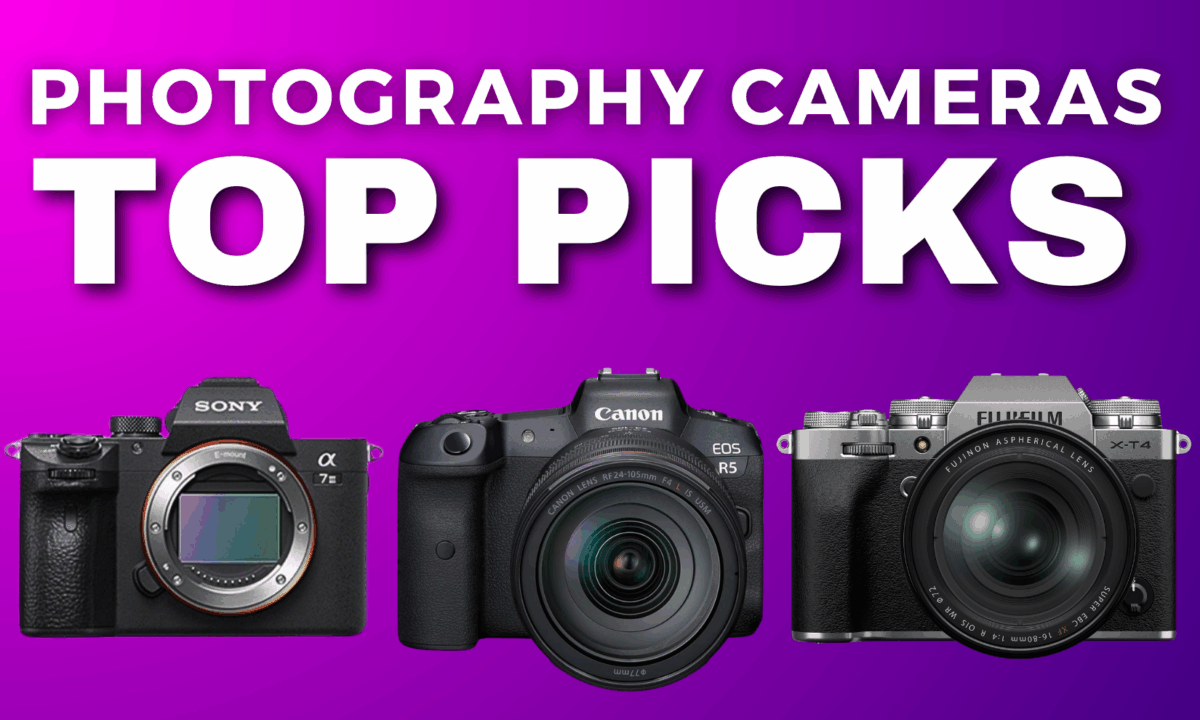 Best Photography Cameras Of 2024 (New And Top Rated Models) Three Digital Cameras From Sony, Canon, And Fujifilm Are Displayed Below The Text &Quot;Best Photography Cameras Top Picks&Quot; On A Purple Gradient Background.