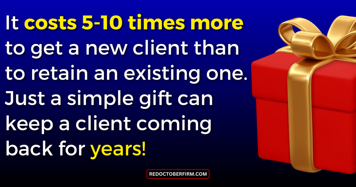 22 Ways To Market Your Photography Business For More Clients Text Reads: &Quot;It Costs 5-10 Times More To Get A New Client Than To Retain An Existing One. Just A Simple Gift Can Keep A Client Coming Back For Years!&Quot; Image Includes A Gift Box With A Red Ribbon.