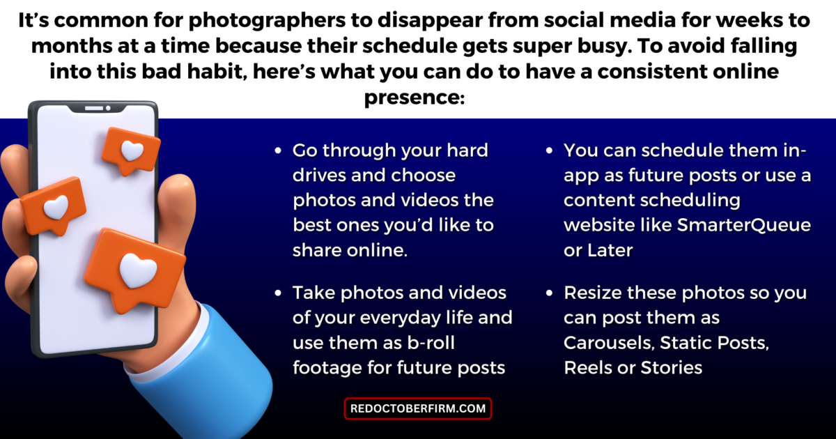 22 Ways To Market Your Photography Business For More Clients A Hand Holding A Phone With Various Social Media Icons. Text Provides Tips For Photographers To Maintain Consistent Online Presence: Update Hard Drives, Schedule Posts Using Apps, And Resize Photos For Different Formats.