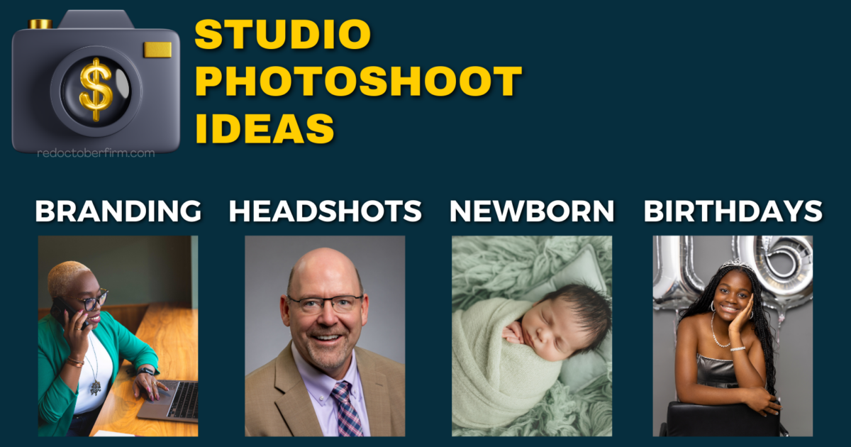 7 Income Streams Every Photographer Needs To Hear About Collage Showing Studio Photoshoot Ideas: A Woman On The Phone, A Man In A Suit, A Sleeping Newborn, And A Young Woman With Balloons. Categories: Branding, Headshots, Newborn, Birthdays.
