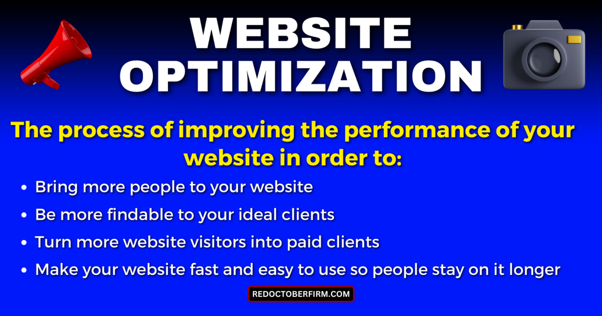 22 Ways To Market Your Photography Business For More Clients Website Optimization Graphic With A Bold Headline, Explaining The Process Of Improving Website Performance To Attract More Visitors, Increase Findability, Convert Visitors To Clients, And Enhance User Experience.